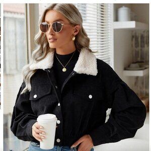 SHEIN Black Corduroy Jacket with White Sherpa Collar